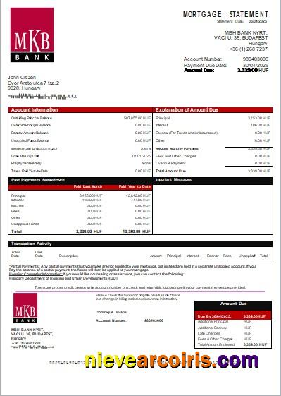 Hungary MKB Bank bank mortgage statement